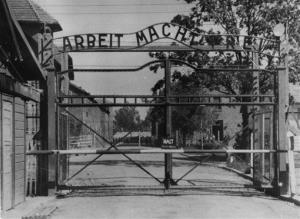 An undated image shows the main gate of the Nazi concentration camp Auschwitz in Poland, which was liberated by the Russians, January 1945.